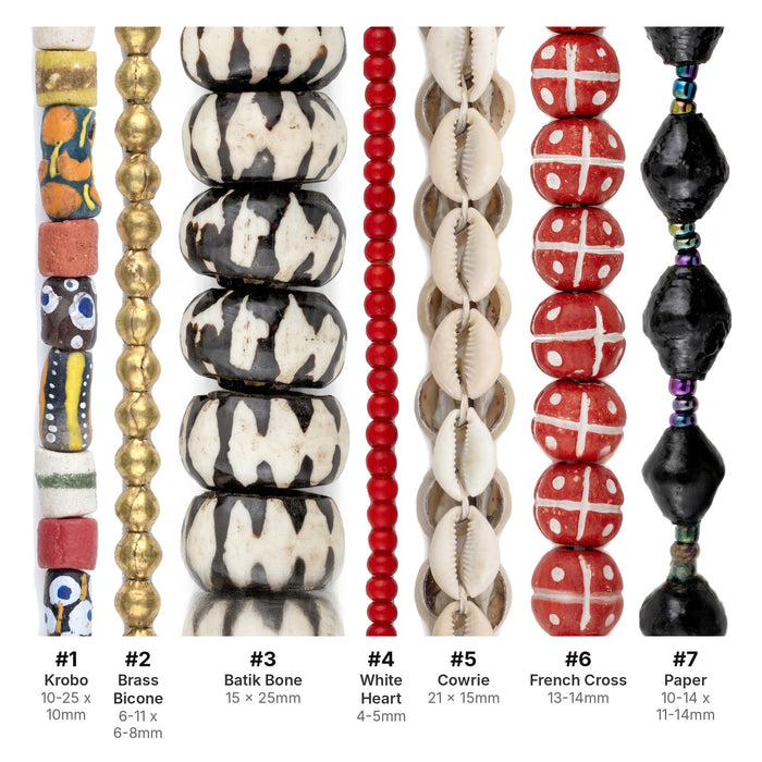 What's included, strands numbered 1-7: African Statement Bead Set: Krobo, Brass & Batik Bone