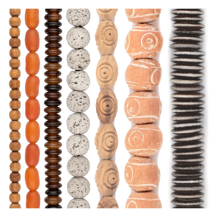 Natural Bead Set: Sandalwood, Lava & Olive Wood (7 Strands, 3-13mm)