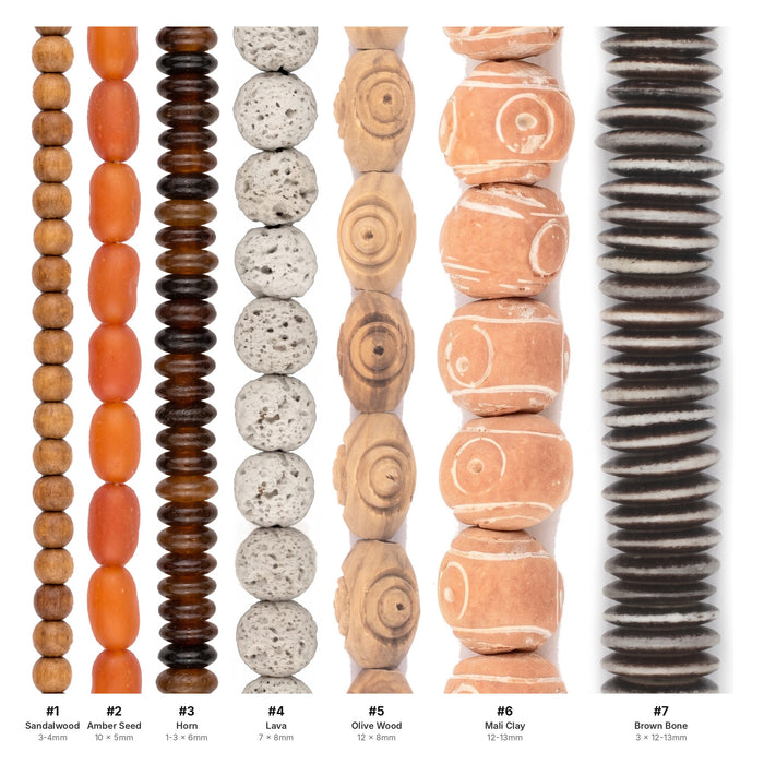 What's included, strands numbered 1-7: Natural Bead Set: Sandalwood, Lava & Olive Wood