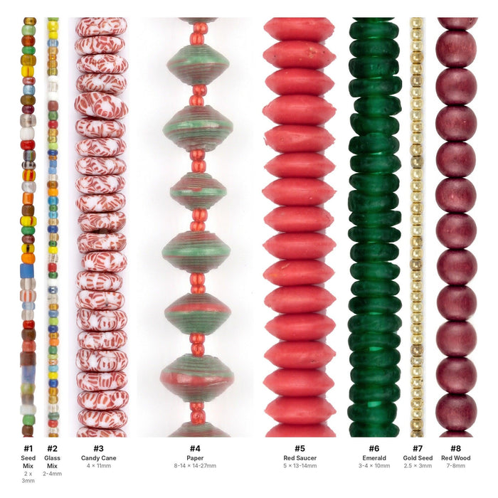 What's included, strands numbered 1-8: Christmas Bead Set: Red, Green & Gold