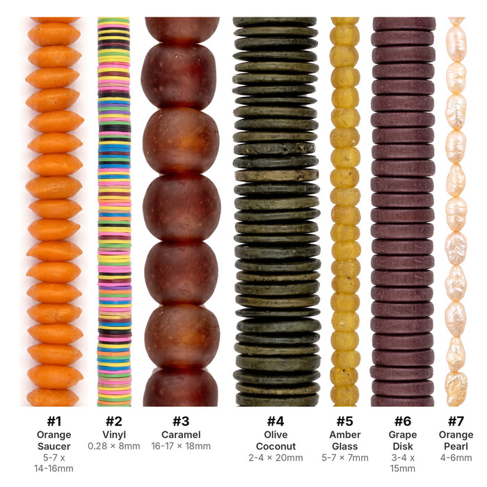 What's included, strands numbered 1-7: Fall Bead Set: Pumpkin, Amber & Olive