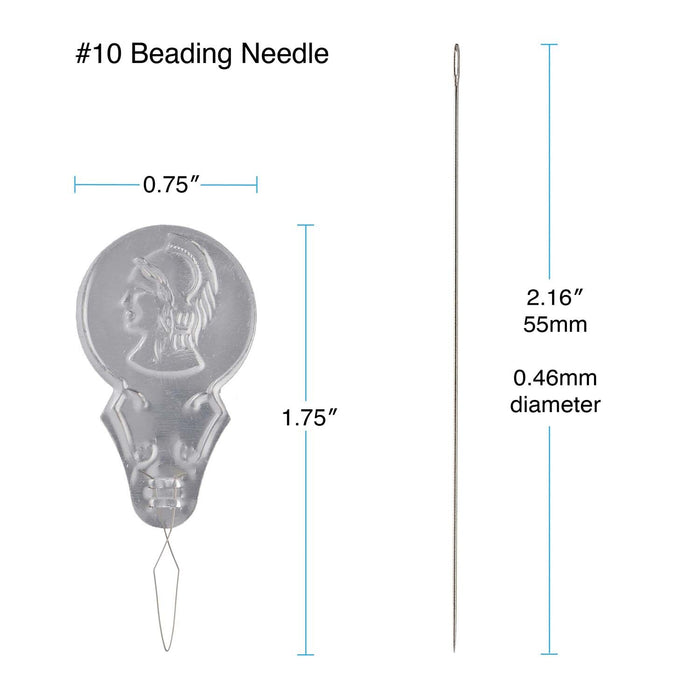 Size 10 beading needle and threader dimensions: needle 2.16 inches, 55mm, 0.46mm diameter; threader 1.75 by 0.75 inches
