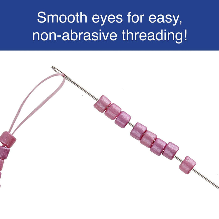 Beading needle threaded with pink beads and a thread loop, text noting smooth eyes for easy, non-abrasive threading