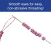 Beading needle threaded with pink beads and a thread loop, text noting smooth eyes for easy, non-abrasive threading