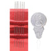 Six size 12 English beading needles on red foil with a silver needle threader showing a profile portrait