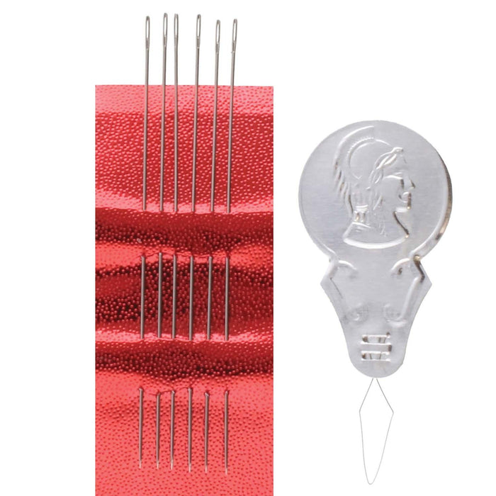 Six size 10 English beading needles on red backing next to the silver needle threader, unpackaged