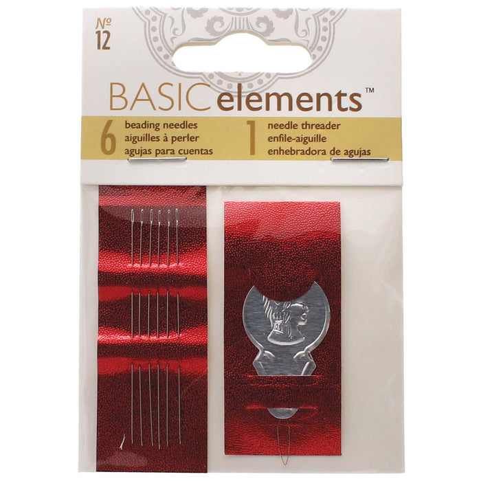 Size 12 beading needles and needle threader in Basic Elements packaging, front view of the card