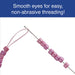 Beading needle threaded with pink cord holding pink beads, with text on smooth eyes for non-abrasive threading