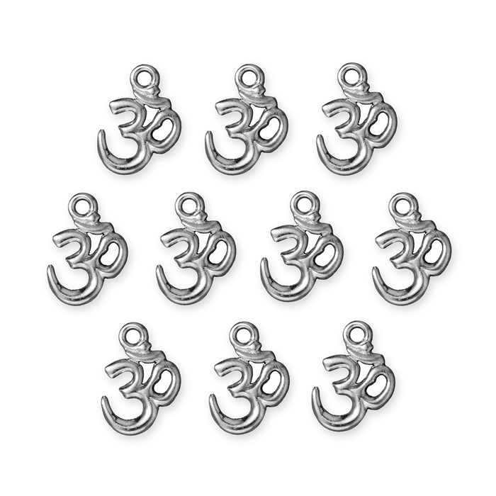 White bronze open Om charms, ten pewter charms arranged in rows on a white background