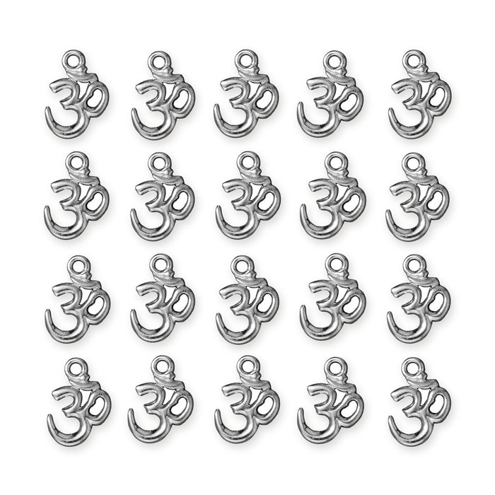 White bronze open Om charms arranged in a grid of four rows with five charms each