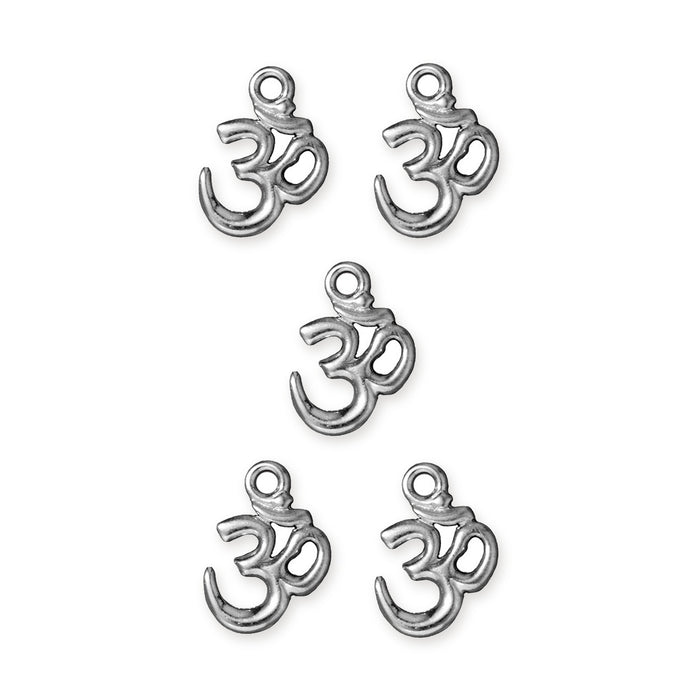 White bronze open Om charms, five silver pewter charms arranged in a group on white