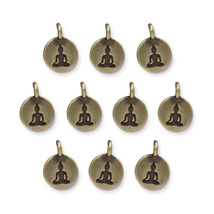 Antiqued brass Buddha charms, ten round pewter charms with a seated Buddha silhouette and top loop, arranged in rows