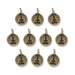 Antiqued brass Buddha charms, ten round pewter charms with a seated Buddha silhouette and top loop, arranged in rows
