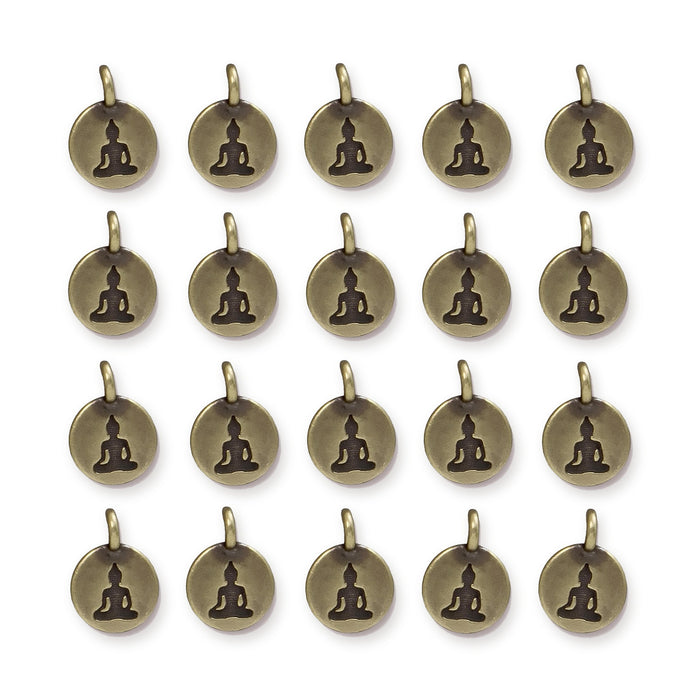 Antiqued brass Buddha charms, 20 round pewter charms with loops arranged in four rows of five