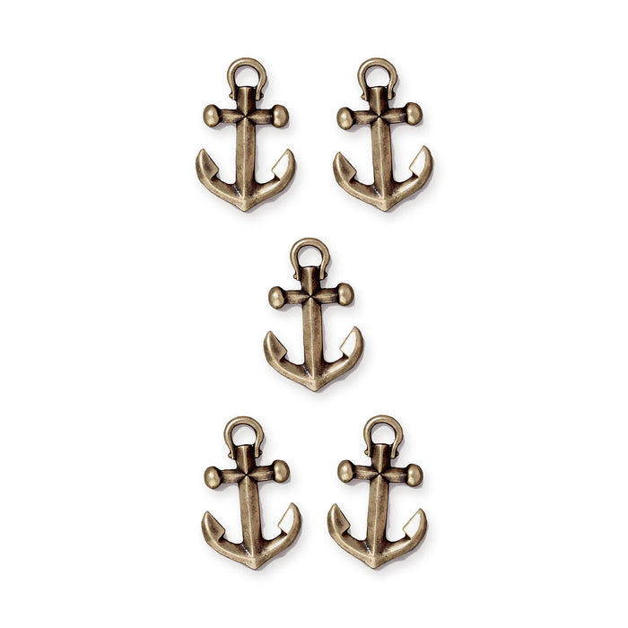 Five antiqued brass anchor charms arranged in a group on a white background