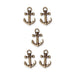 Five antiqued brass anchor charms arranged in a group on a white background