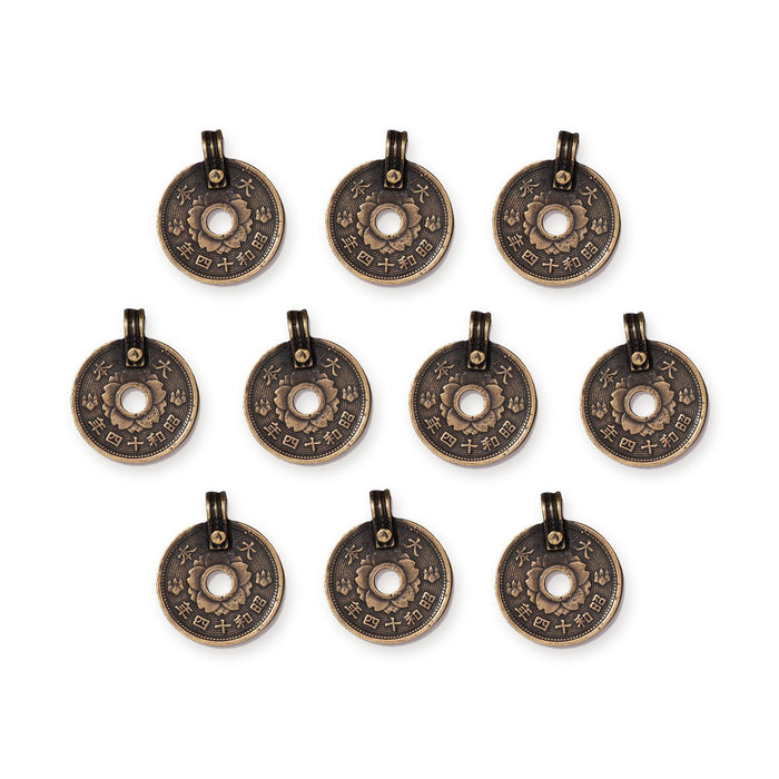 Antiqued brass Asian coin charms arranged in rows of ten, showing the round coin shape with center hole and loop