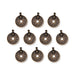 Antiqued brass Asian coin charms arranged in rows of ten, showing the round coin shape with center hole and loop
