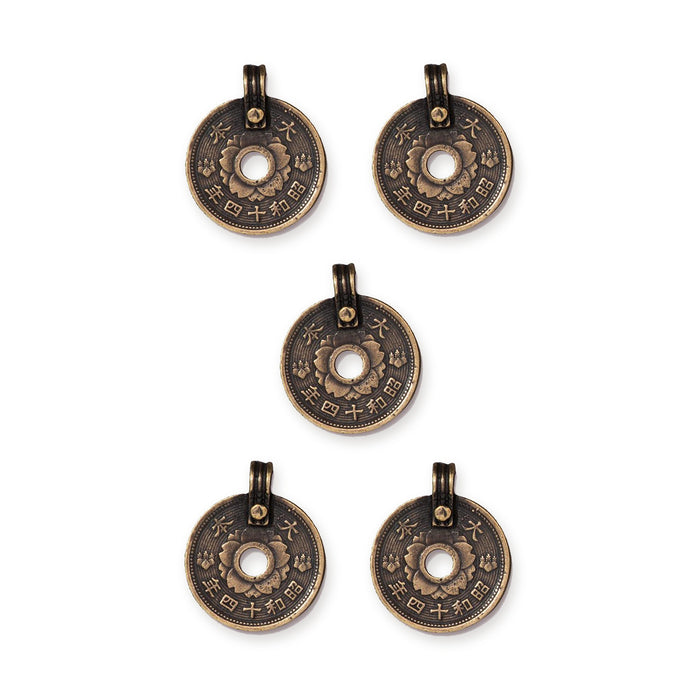 Antiqued brass Asian coin charms, five pewter pieces arranged in a group on a white background
