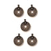Antiqued brass Asian coin charms, five pewter pieces arranged in a group on a white background