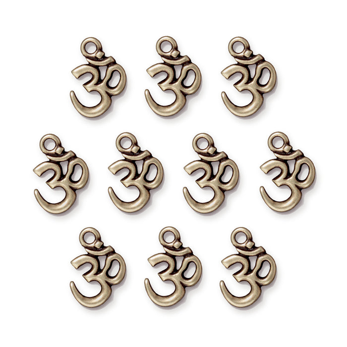 Antiqued brass open Om charms arranged in rows, ten pewter charms with loops at the top