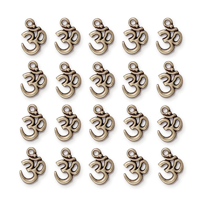 Antiqued brass open Om charms arranged in a grid of four rows of five, each with a top loop