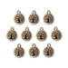 Antiqued brass tree of life charms laid out in rows, ten round pewter charms with loops