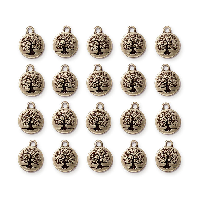 Antiqued brass tree of life charms arranged in four rows of five, showing the swirling tree design