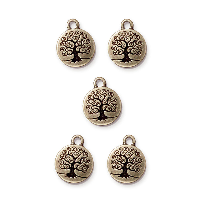Antiqued brass tree of life charms, five round pewter charms with loops arranged in a group