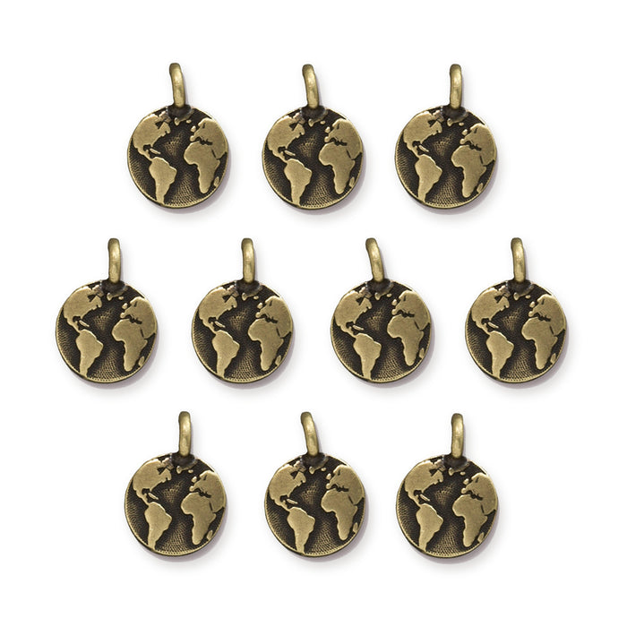 Antiqued brass earth charms, ten round pewter charms with raised continents arranged in rows
