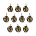 Antiqued brass earth charms, ten round pewter charms with raised continents arranged in rows