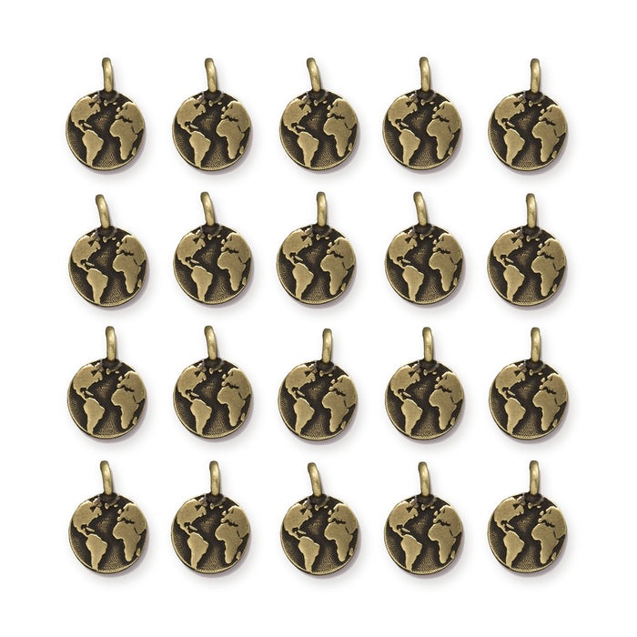 Antiqued brass earth charms arranged in a grid of four rows with five round globe charms each