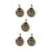 Antiqued brass evil eye charms, five round pewter charms with loops arranged in a group on white
