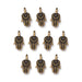Antiqued brass miniature hamsa charms arranged in rows of ten on a white background