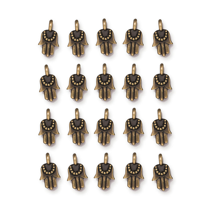 Antiqued brass miniature hamsa charms arranged in four rows of five