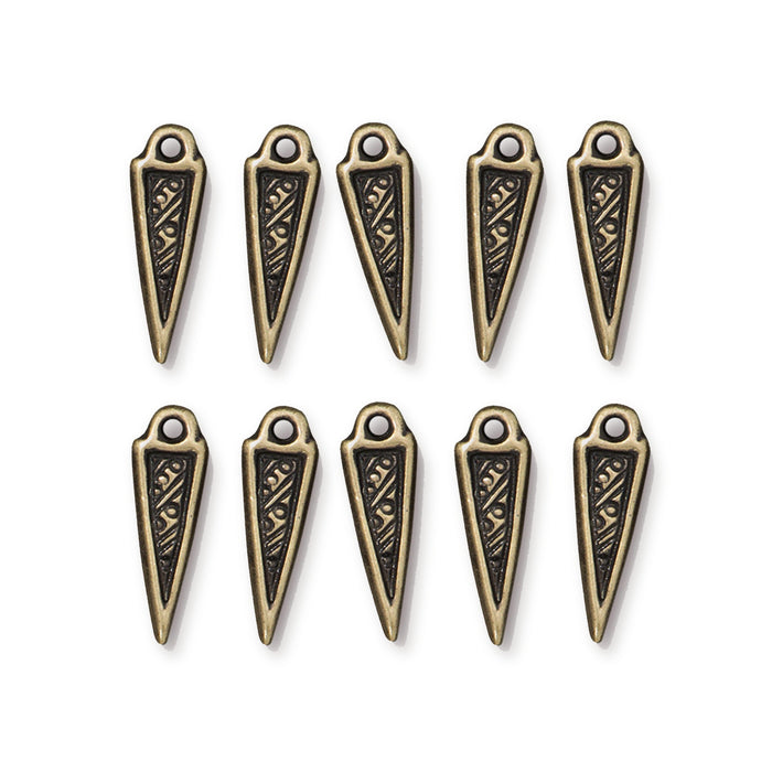 Antiqued brass woven spike charms arranged in two rows of five, each with a top loop and textured pattern