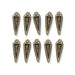 Antiqued brass woven spike charms arranged in two rows of five, each with a top loop and textured pattern