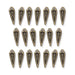 Antiqued brass woven spike charms, 20 pieces arranged in three rows on white