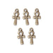 Antiqued brass ankh charms, five pewter charms arranged in two rows on a white background