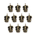 Antiqued brass Ganesh charms arranged in rows of three, four and three on a white background