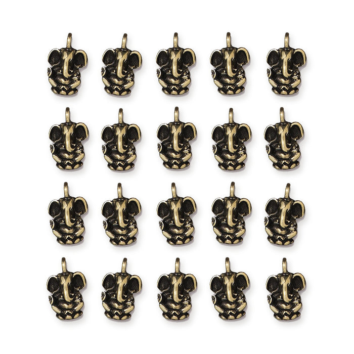 Antiqued brass Ganesh charms arranged in four rows of five, showing 20 pewter charms