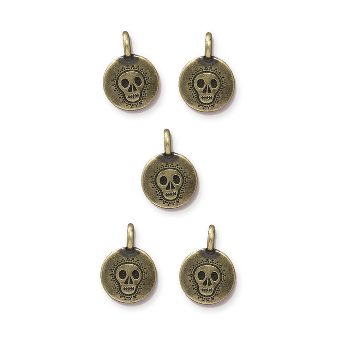Antiqued brass skull charms, five round pewter charms with loops arranged on white
