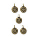 Antiqued brass heart charms, five round pewter charms with stamped hearts and top loops arranged in a group