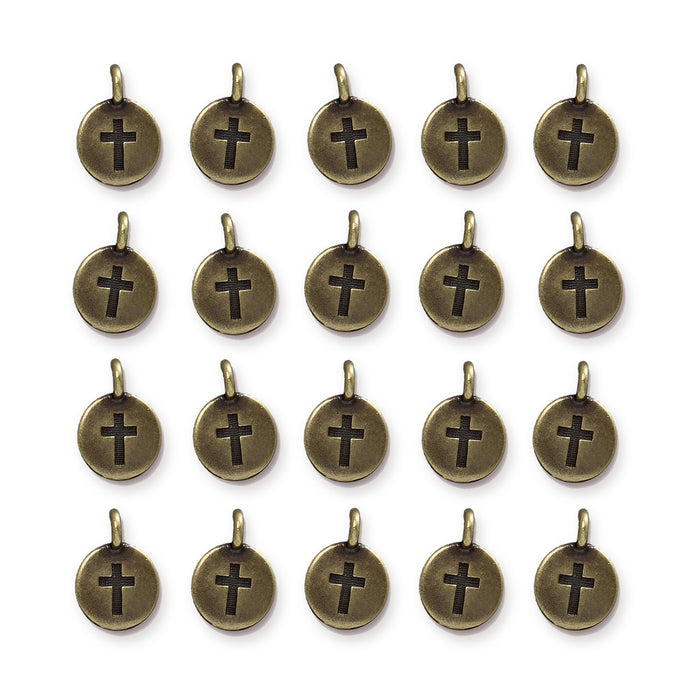 Antiqued brass cross charms, twenty round pewter charms with loops arranged in four rows of five