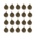 Antiqued brass cross charms, twenty round pewter charms with loops arranged in four rows of five