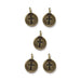 Antiqued brass cross charms, five round pewter charms with loops arranged in a pattern on white