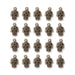 Antiqued brass hamsa hand charms arranged in four rows of five, showing the eye and scroll detailing