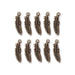 Antiqued brass feather charms arranged in two rows of five, showing the engraved feather detail and top loop