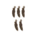 Five antiqued brass feather charms arranged in two rows, three on top and two below