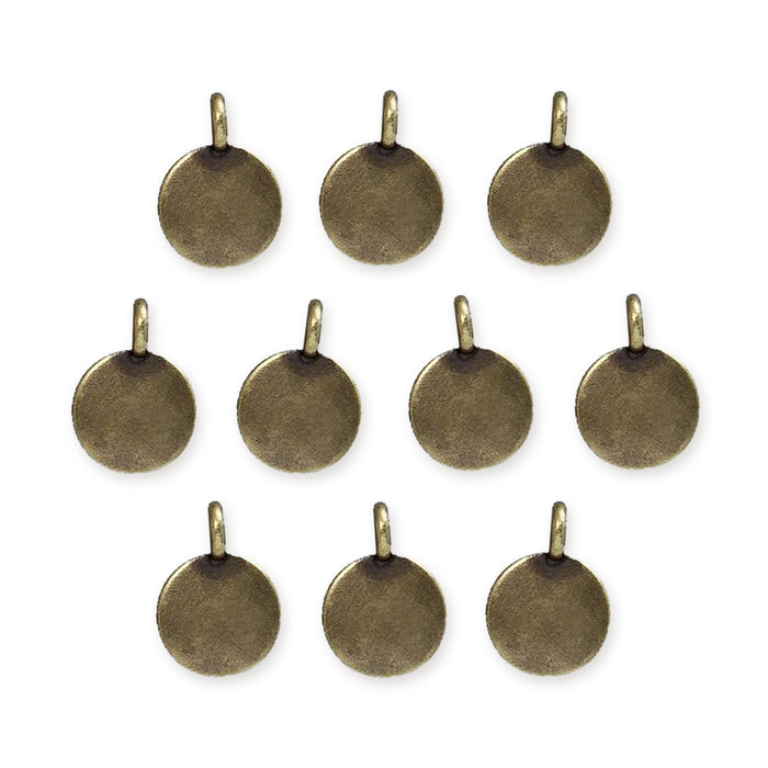 Antiqued brass blank round charms with top loops, ten pieces arranged in rows